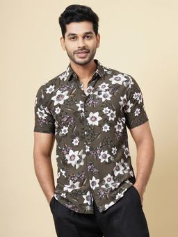 JadeBlue - Olive Green Viscose Floral Printed Casual Shirt