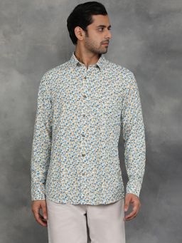 JadeBlue - Blue and Yellow Viscose Floral Printed Casual Shirt