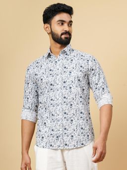 Greenfibre - Light Grey Cotton Floral Printed Slim Fit Casual Shirt