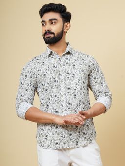 Greenfibre - Light Green Cotton Floral Printed Slim Fit Casual Shirt