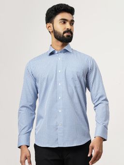 JadeBlue - Blue Cotton Checked Slim Fit Formal Shirt