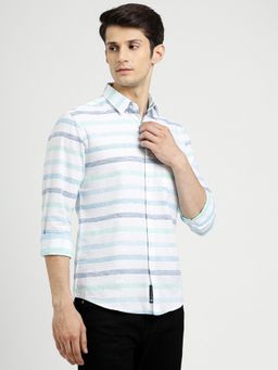 Greenfibre - White Cotton Blend Striped Slim Fit Casual Shirt