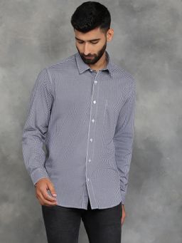 Greenfibre - Navy Blue Cotton Stretch Checked Regular Fit Semi Casual Shirt