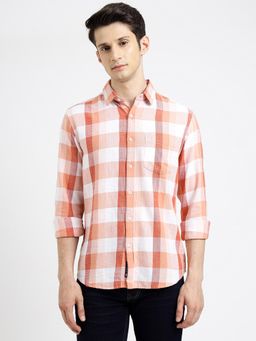 Greenfibre - Orange Cotton Checked Slim Fit Casual Shirt