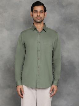 JadeBlue - Olive Green Cotton Stretch Solid Full Sleeves Casual Shirt