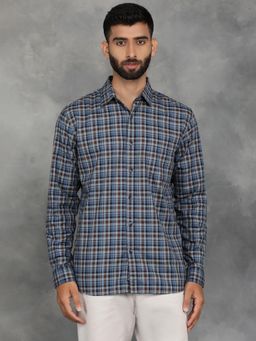 JadeBlue - Blue and Brown Cotton Checked Casual Shirt