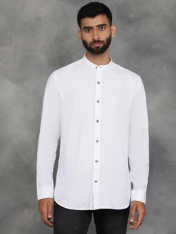 JadeBlue - White Cotton Linen Solid Full Sleeve Casual Shirt