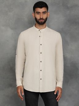 JadeBlue - Beige Cotton Linen Solid Full Sleeve Casual Shirt