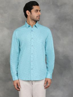 Greenfibre - Light Blue Cotton Printed Slim Fit Casual Shirt