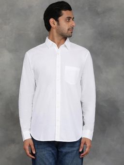 JadeBlue - White Cotton Linen Solid Full Sleeves Casual Shirt