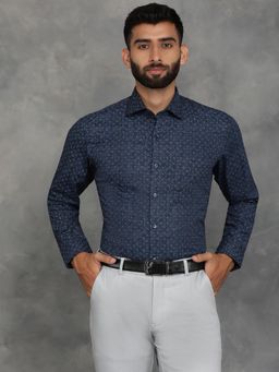 Greenfibre - Navy Blue Cotton Printed Slim Fit Formal Shirt