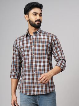 Greenfibre - Brown Cotton Checked Regular Fit Semi Casual Shirt