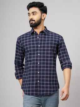 Greenfibre - Navy Blue Cotton Checked Regular Fit Semi Casual Shirt