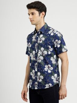 Greenfibre - Navy Blue Cotton Floral Printed Slim Fit Casual Shirt