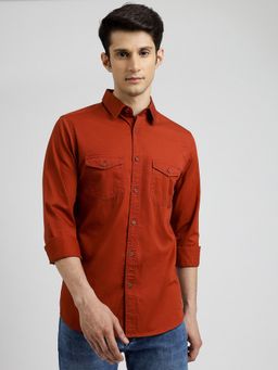 JadeBlue - Rust Cotton Solid Slim Fit Casual Shirt