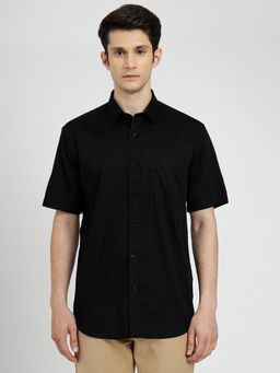 JadeBlue - Black Cotton Solid Regular Fit Semi Casual Shirt