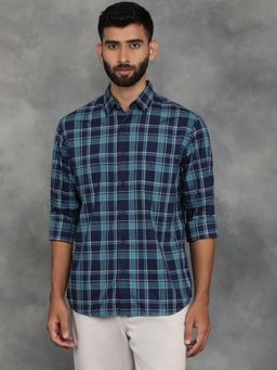 Greenfibre - Navy Blue Cotton Checked Full Sleeves Casual Shirt