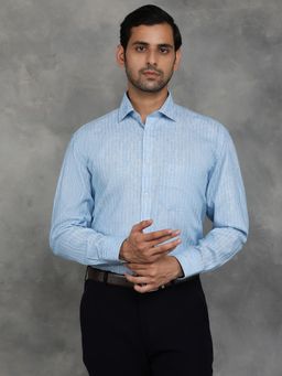 Greenfibre - Blue Cotton Blend Striped Regular Fit Formal Shirt