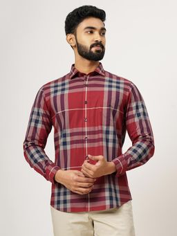 Metal - Red Cotton Checked Slim Fit Formal Shirt