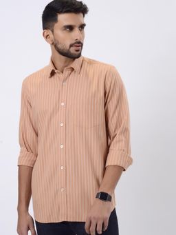 JadeBlue - Peach Cotton Slim Fit Striped Casual Shirt