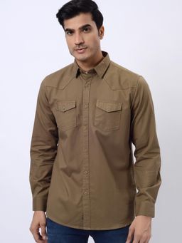 JadeBlue - Brown Cotton Slim Fit Solid Casual Shirt