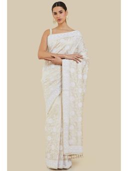 Soch - Women Off White Silk Embroidered Saree with Unstitched Blouse