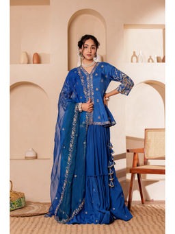 Firann By Shaheen - Blue Lehenga with Peplum Top and Dupatta (Set of 3)