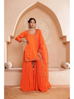 Firann By Shaheen - Orange Short Kurta with Sharara and Dupatta (Set of 3)