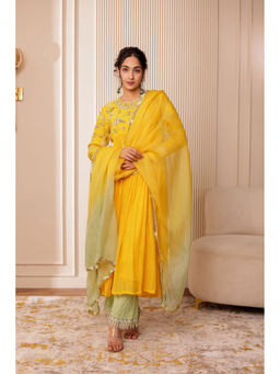Firann By Shaheen - Yellow Anarkali with Palazzo and Dupatta (Set of 3)