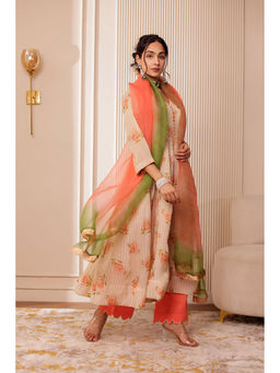 Firann By Shaheen - Orange Anarkali with Pant and Dupatta (Set of 3)