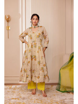 Firann By Shaheen - Beige Anarkali with Pant and Dupatta (Set of 3)