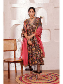 Firann By Shaheen - Grey Anarkali with Palazzo and Dupatta (Set of 3)