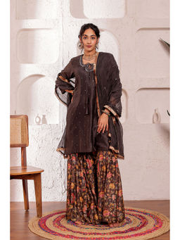 Firann By Shaheen - Brown Short Kurta with Sharara and Dupatta (Set of 3)