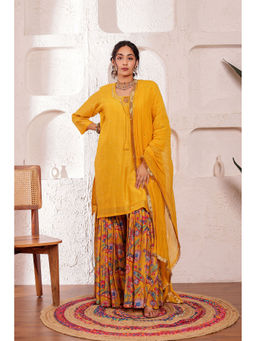 Firann By Shaheen - Mustard Short Kurta with Sharara and Dupatta (Set of 3)