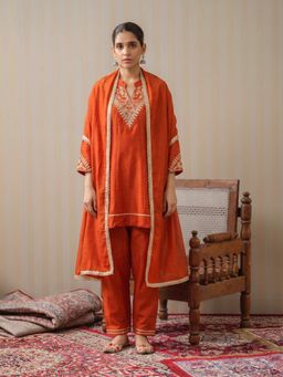 Gahan - Womens Orange Embroidered Vichitra Silk Kurta with Pant & Dupatta