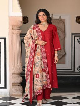 Mahee Jaipur - Shubh Red Kalamkari Kurta with Pant and Dupatta
