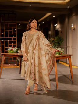 Mahee Jaipur - Beige Chanderi Gota Work Kurta with Pant and Dupatta