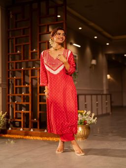 Mahee Jaipur - Red Gota Work On Neck Kurta with Pant