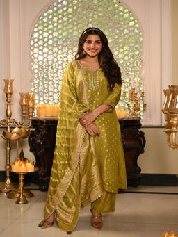 Mahee Jaipur - Green Banarasi Sequence, Gota Work Kurta with Pant and Dupatta