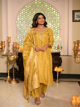 Mahee Jaipur - Yellow Banarasi Sequence, Gota Work Kurta with Pant and Dupatta