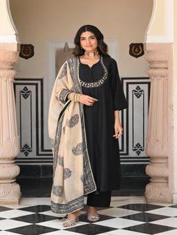 Mahee Jaipur - Black Mul Chanderi Beads Block Paisley Kurta with Pant and Dupatta
