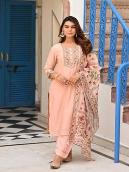 Mahee Jaipur - Peach Block Mughal Print Mul Kurta with Pant and Dupatta