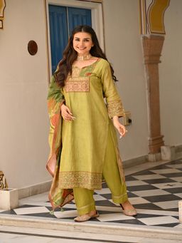 Mahee Jaipur - Mehandi Green Mughal Print Kurta with Pant and Dupatta