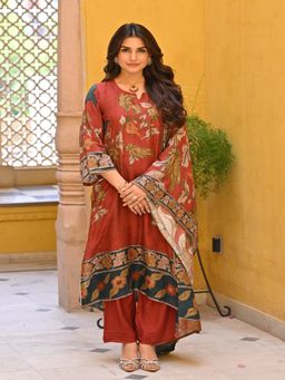 Mahee Jaipur - Rustic Red Kalamkari Print Muslin Kurta with Pant and Dupatta