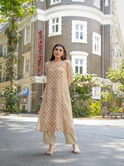 Mahee Jaipur - Beige Gota Work V Neck Block Print Kurta With Pant
