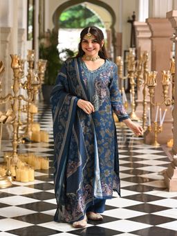 Mahee Jaipur - Blue Floral Embroidery With Kurta With Pant And Dupatta