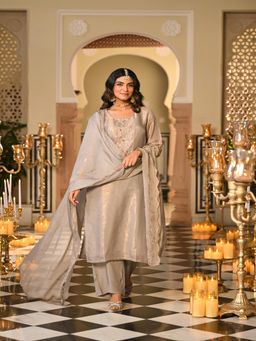 Mahee Jaipur - Grey Premium Hand Embroidery Kurta With Pant And Dupatta
