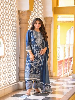 Mahee Jaipur - Blue Paisley Pearl Work Pure Muslin Kurta With Pant And Dupatta
