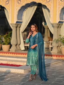 Mahee Jaipur - Blue Ombre Pure Crepe Bandhani Kurta With Pant And Dupatta