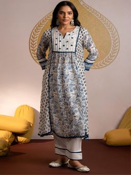 Mahee Jaipur - White Block Print Pure Muslin Kurta With Pant And Dupatta
